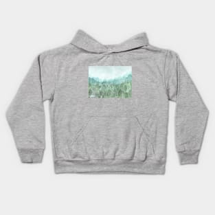 Misty forest landscape in green monochrome Kids Hoodie